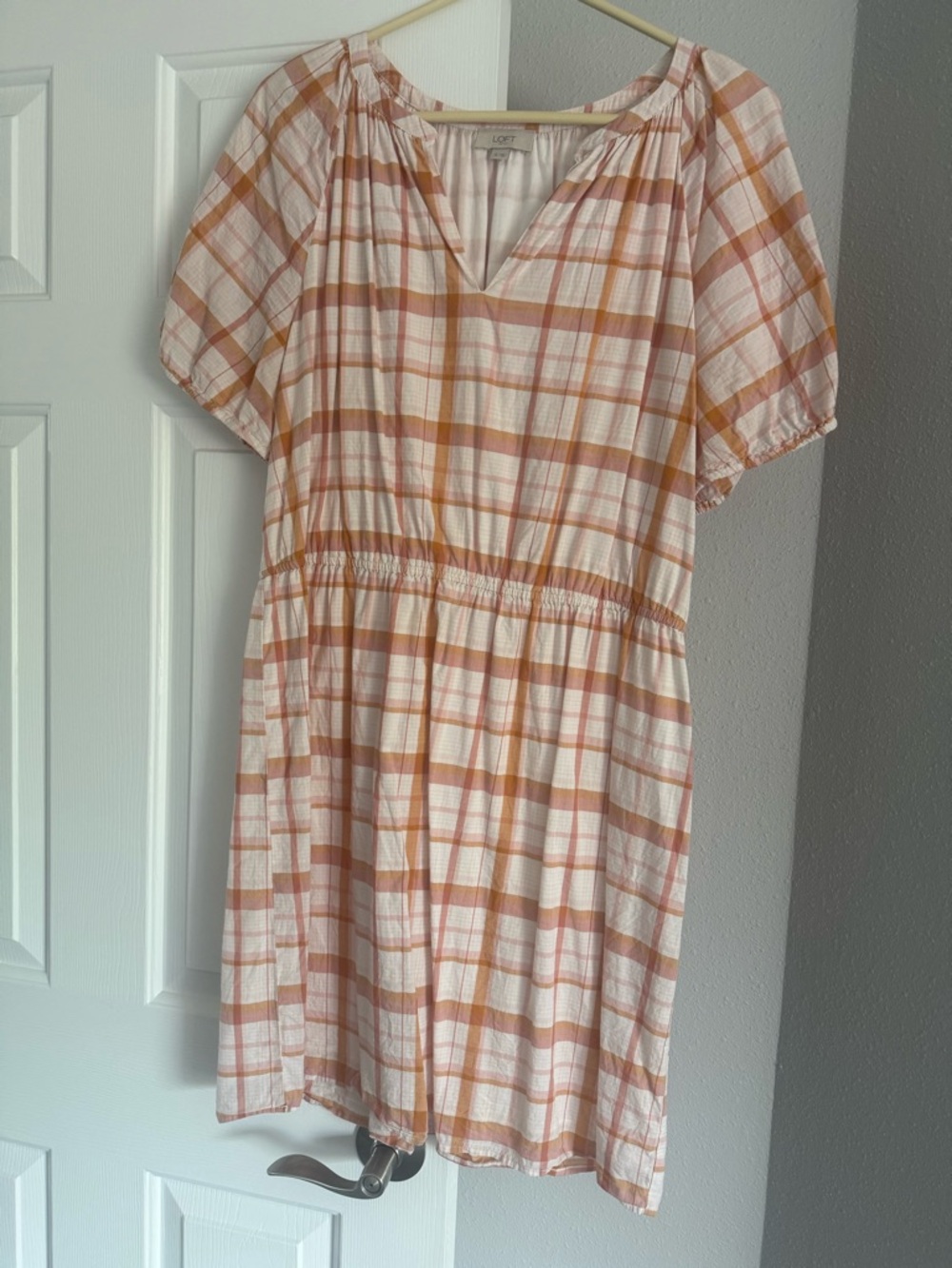 LOFT Orange & Tan Plaid Short-Sleeve Smocked-Waist Dress
